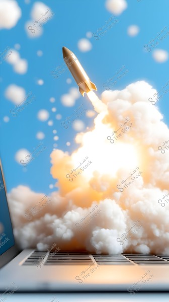 A golden rocket launching into the sky against a blue background, surrounded by bright white smoke clouds. The rocket is depicted in mid-launch above a laptop keyboard, conveying a sense of innovation and technology.