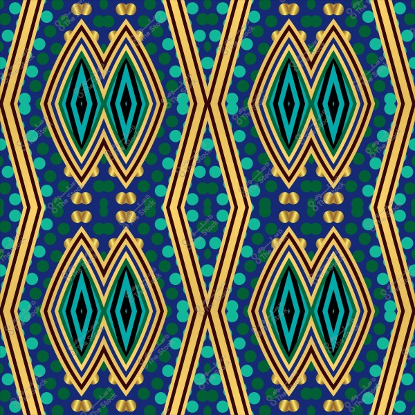 نمط هندسي ملون يحتوي على أشكال ماسية وخطوط متعامدة على خلفية زرقاء مع نقاط دائرية متعددة الألوان.