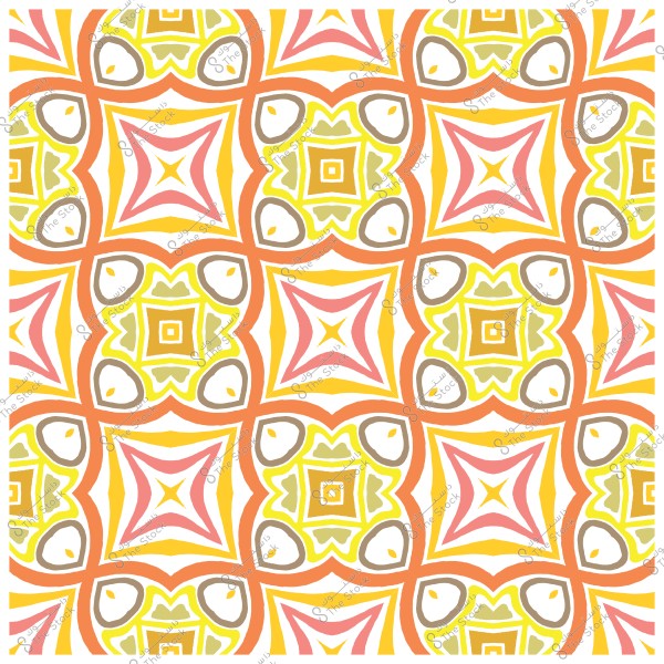 A multicolored geometric pattern consisting of repeating shapes in orange, yellow, and pink.