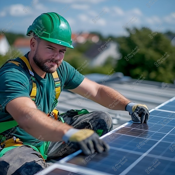 A man wearing a green construction helmet and a green t-shirt is installing solar panels on a roof. He is wearing a yellow safety harness and gloves, sitting on the roof under a blue sky with some clouds in the background. Trees and houses are visible in the distance.