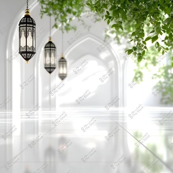Image of traditional metal lanterns hanging in a large corridor with distinctive architectural arches and a glossy white floor. Green branches hang down from the top of the frame, adding a natural touch to the scene. The lighting is soft, highlighting the beauty of the architectural details and decorations.