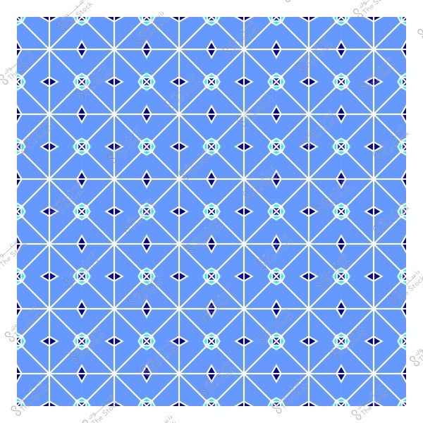 نمط هندسي متماثل بألوان زرقاء وبيضاء يشكل شبكة من الأشكال الماسية والزهور.
