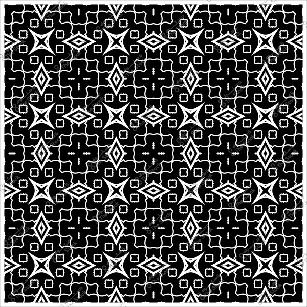 Black and white geometric pattern with repeating symmetrical designs.