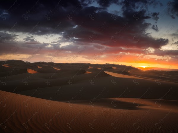 Shot of golden sand dunes in the Saudi desert at sunset showing a cloudy sky, the Empty Quarter, desert areas, designed by Ai.