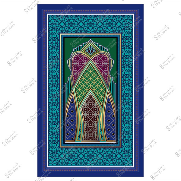 تصميم زخرفي إسلامي يحتوي على أنماط هندسية وألوان متعددة مثل الأزرق والأخضر والأرجواني بأطر متعددة الطبقات.