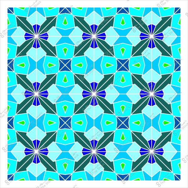 نمط هندسي متماثل يتكون من أشكال نجمية وزخارف بألوان متعددة تشمل الأزرق الفاتح والداكن والأخضر, تكررت بتنسيق دقيق لتعطي تأثيرًا بصريًا متناسقًا وجماليًا.

-