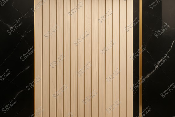 A wall design featuring vertical wooden slats in beige arranged closely together, framed by a golden edge on both sides. The left side contains a black marble slab with natural white veining.