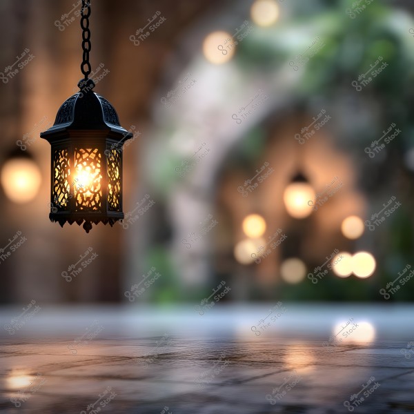 A traditional Arabic lantern hanging from a chain, emitting a warm glow. The lantern is in the foreground, while the background is blurred with additional indistinct lights, suggesting a softly lit courtyard setting.