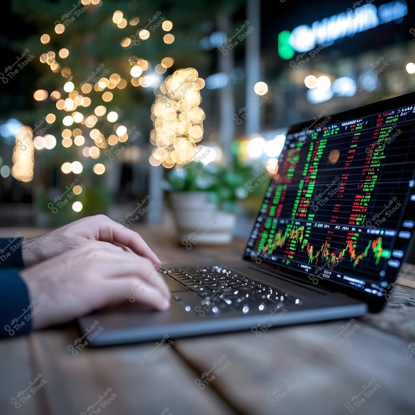 A person sitting and typing on a laptop displaying stock market data and charts. The background features blurred bokeh lights and plants, suggesting a quiet public location.