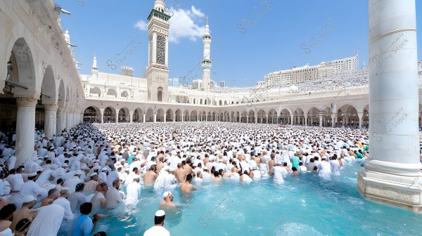The image shows pilgrims wearing white Ihram garments performing rituals at the Masjid al-Haram in Mecca. The courtyard is crowded with people, and the iconic minarets of the mosque are visible in the background. The sky is blue and clear, and there is a section with water where pilgrims are gathered, creating a spiritual and religious atmosphere.