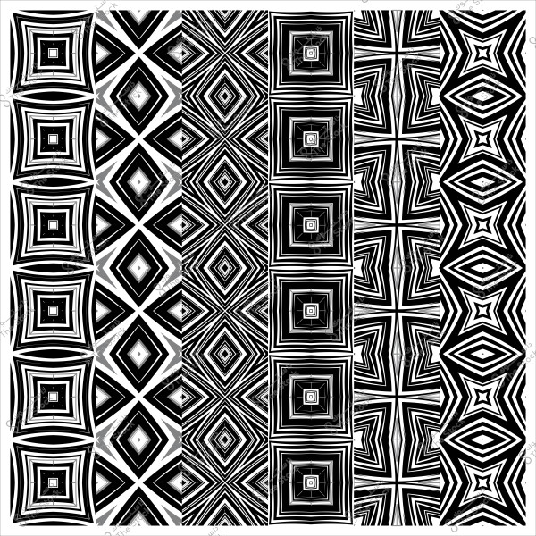 صورة تحتوي على مجموعة من الأنماط الهندسية بالأبيض والأسود تتضمن أشكال مربعة ومعينية تتكرر في صفوف عمودية.