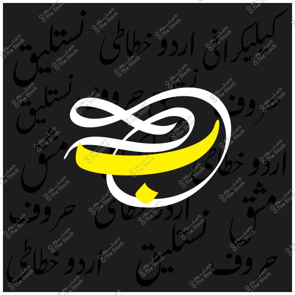 تصميم فنّي بخط عربي مزخرف, باللونين الأبيض والأصفر على خلفية سوداء, تتوزع عليه كلمات باللغة الأردية مثل "خطاطي" و"نستعليق".