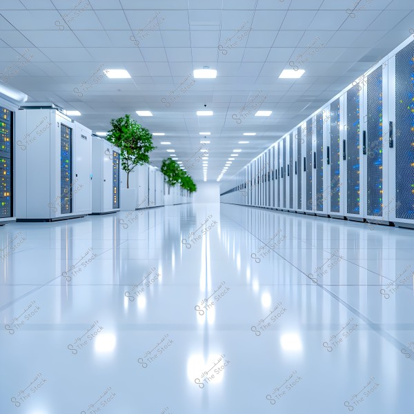 A view inside a modern data center with rows of servers on both sides. The floor is shiny and reflective, with several green plants arranged between the rows of servers. Bright lighting from the ceiling gives the place a modern and clean atmosphere.