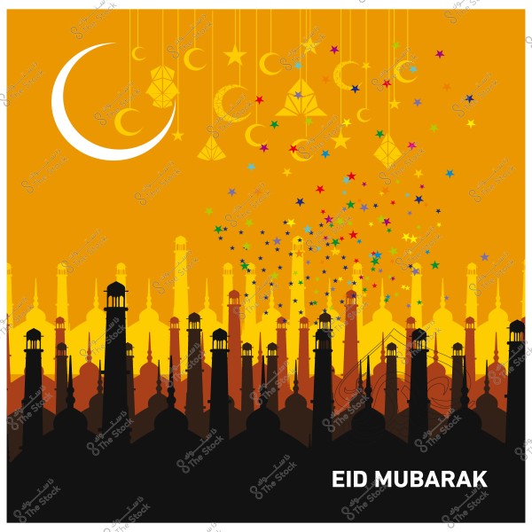A symbolic image celebrating Eid featuring a crescent moon, stars, and lanterns in gold on an orange background with the text \"EID MUBARAK.\" Multiple mosque minarets appear in silhouette at the bottom.