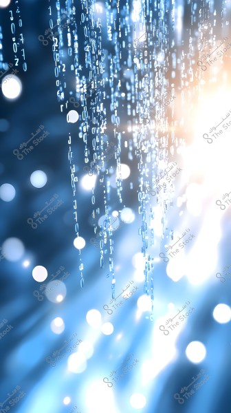 An image of a stream of digital numbers in light blue, cascading through a bright and abstract space. Bright spots of various sizes are visible in the background, creating a bokeh-like effect.