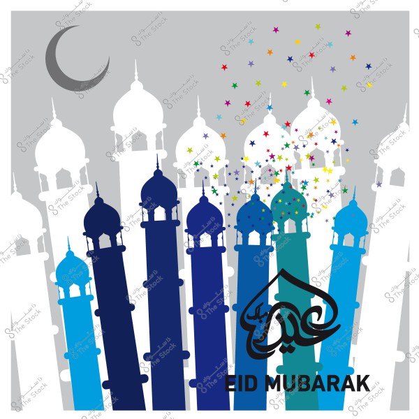 Image featuring colorful minarets with a crescent, sparkling stars, and the words \"Eid Mubarak\" in Arabic and English.