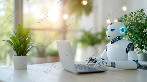 The image shows a robot sitting in front of a laptop on a wooden table in a modern office environment, surrounded by green plants and flowers. Natural light streams in from a large window behind the robot, creating a bright and open atmosphere.
