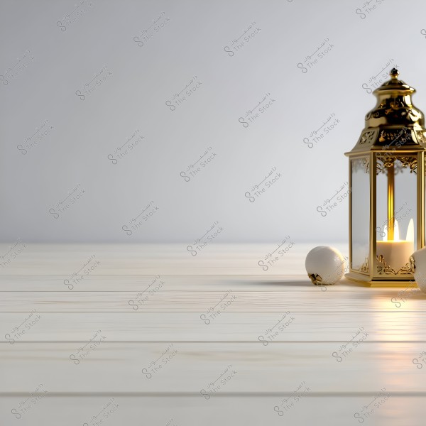 A golden lantern lit with a candle placed on a light wooden surface, with two white balls beside it. The background is a plain white wall, creating a calm and serene ambiance.