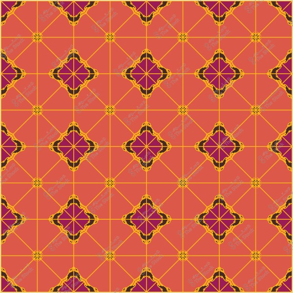 نمط زخرفي هندسي مكون من أشكال مكررة باللون الأرجواني والبرتقالي مع خطوط ذهبية.