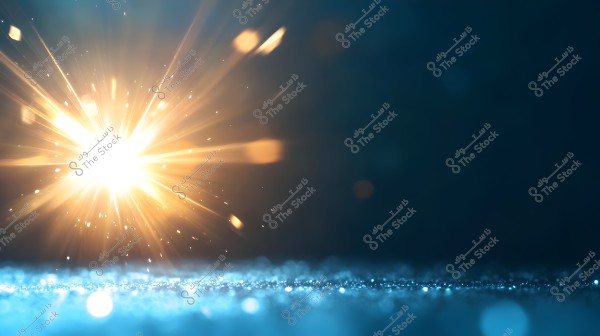 An image showing a bright light explosion in the center, with golden light rays radiating in all directions. The ground is dark blue with small scattered light dots.