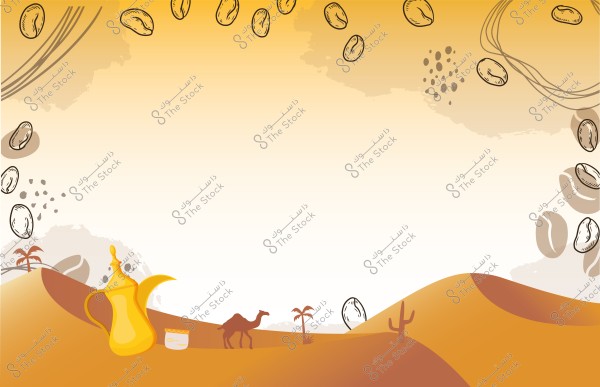 An illustration depicting a desert scene with coffee beans scattered around the edges of the image. In the foreground, there is a traditional yellow Arabic coffee pot, accompanied by a small cup. A camel is walking in the desert at the center of the image, with a palm tree and a cactus in the background. The artwork features coffee bean motifs throughout.
