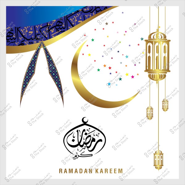 Design featuring a golden Ramadan crescent moon and lanterns with the phrase "Ramadan Kareem" in Arabic calligraphy and Islamic patterns.