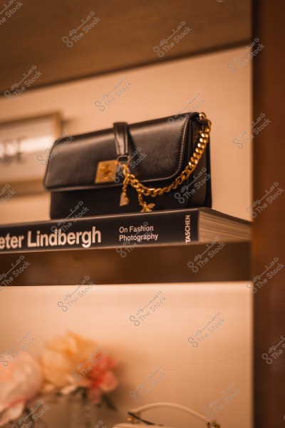 A black leather handbag placed on top of a book titled \"On Fashion Photography\" on a wooden shelf.