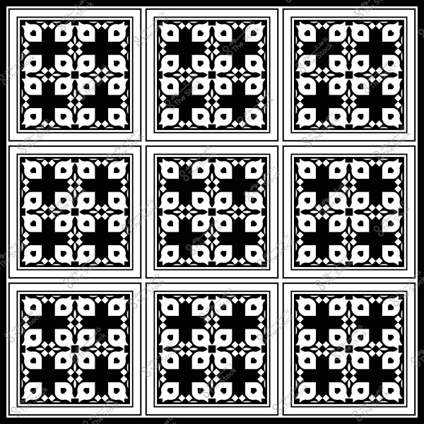 Image of a black and white tile design featuring repeated geometric patterns.