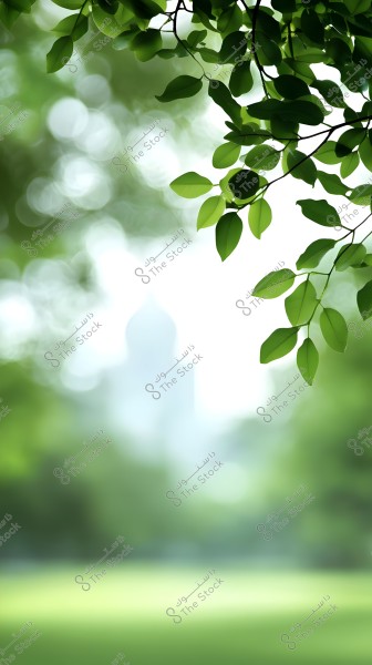 The image shows a cluster of green leaves on a tree in the foreground, with a blurred background that includes indistinct features of a building, surrounded by greenery and trees.