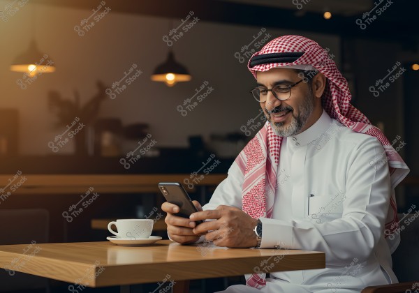 A man wearing traditional Saudi attire with a keffiyeh and glasses is seated in a quiet cafe. He is smiling and looking intently at his phone. In front of him is a cup of coffee on the wooden table, and the background lighting is warm with hanging lamps, creating a cozy atmosphere.
