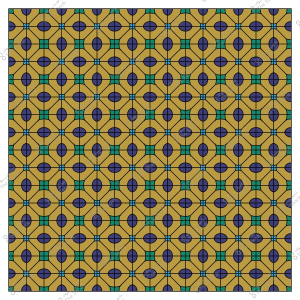 Geometric pattern in yellow, blue, and green featuring repeating shapes like flowers and circles.