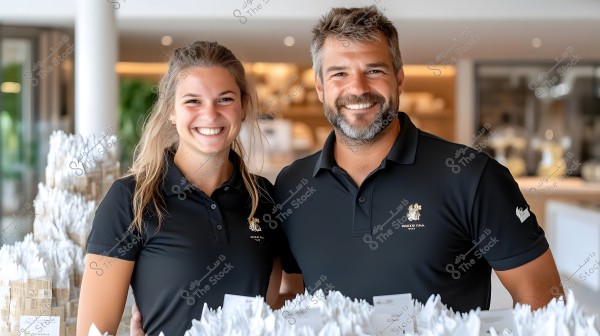 Image of a man and a woman smiling at the camera. They are both wearing similar black polo shirts with small logos on the left side. The background shows a modern, bright ambiance with shelves filled with white supplies, suggesting the location might be a store or restaurant.