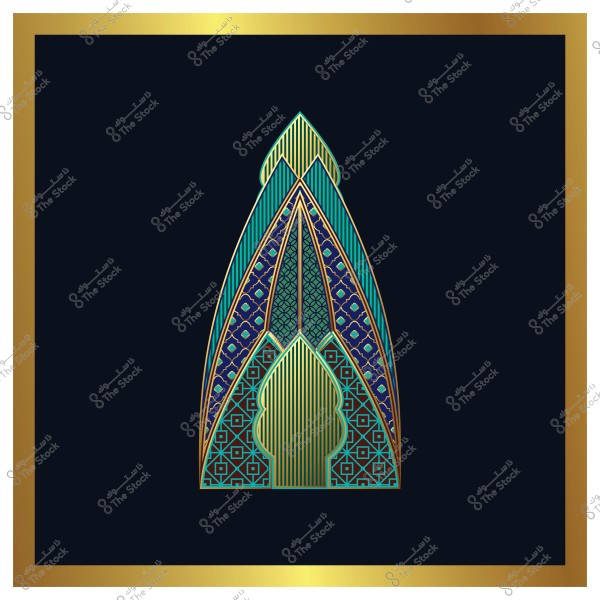 تصميم هندسي بزخارف إسلامية باللونين الأزرق والذهبي مع إطار ذهبي.