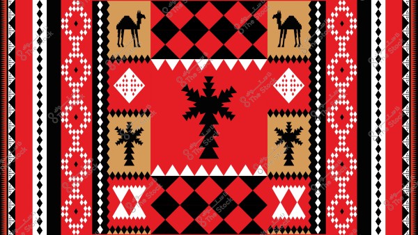 تصميم تقليدي بنمط السدو يظهر بألوان الأحمر والأسود والأبيض والعسلي, مزين بعناصر مثل الجمل والنخلة. النمط يتميز بمربعات وأشكال هندسية متكررة تشير إلى الثقافة البدوية.