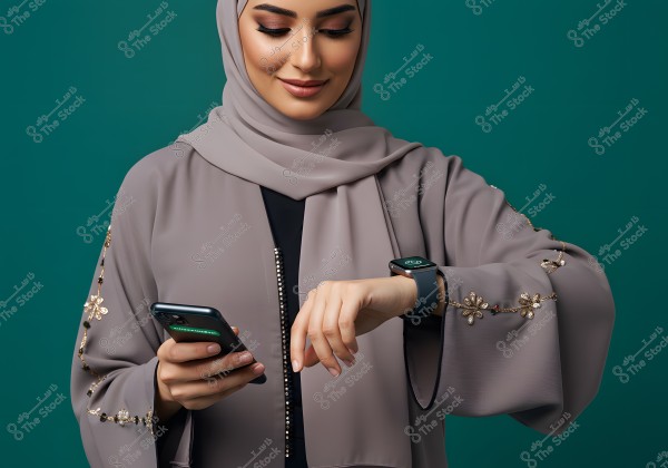 A portrait of a woman wearing a hijab and an abaya adorned with golden embellishments. She is looking at her smartwatch and holding a mobile phone in her other hand. The abaya reflects a Middle Eastern style with elegant details. The background is a dark green color.