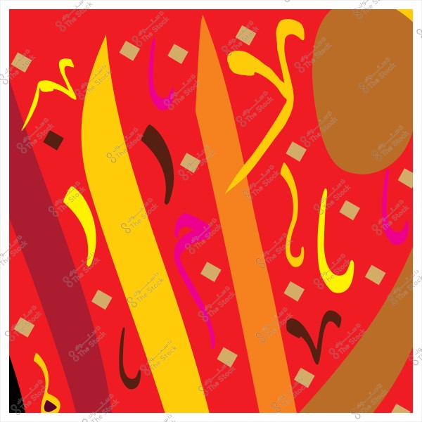 لوحة تجريدية بألوان زاهية تحتوي على أشكال هندسية ودوامات على خلفية حمراء.