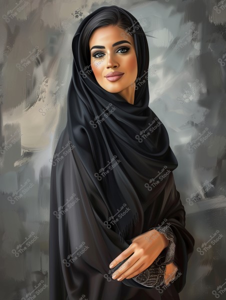 Portrait of a woman wearing a traditional black abaya and a headscarf covering her head and hair. The woman has a slight smile and expressive eyes, with a neutral gray-colored background.