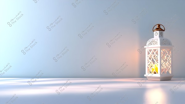 Image of a traditional white lantern with a soft orange light placed on a smooth surface against a light blue wall background. The lantern features geometric patterns that elegantly reflect the light.