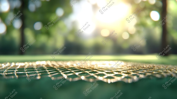 Image showing a golden metal mesh placed on a green surface, surrounded by a blurred background of green trees with sunlight reflecting, creating a warm and beautiful light effect.