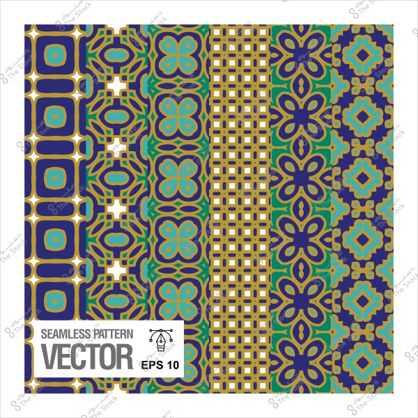 أنماط زخرفية متكررة بألوان زرقاء وخضراء وذهبية تشمل تصميمات هندسية وزهرية.