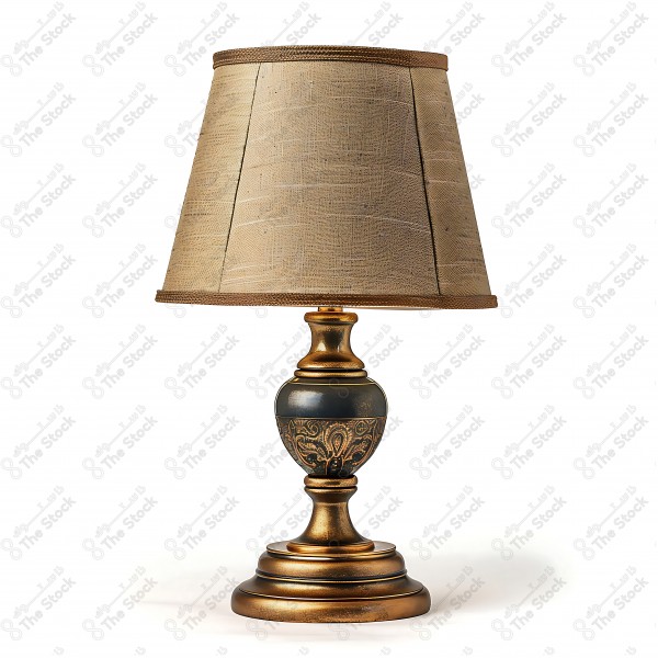 A table lamp with a decorative metal base and a beige fabric lampshade. by AI