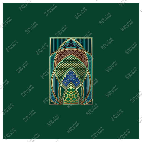 تصميم هندسي بزخارف إسلامية ذهبية وزرقاء وخضراء على خلفية خضراء.