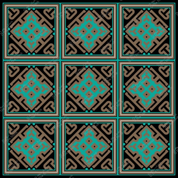 Traditional Islamic decorative design with repeating geometric shapes in turquoise and brown colors on a black background.