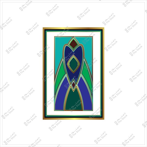 لوحة فنية بتصميم هندسي بألوان الأزرق والأخضر داخل إطار ذهبي.