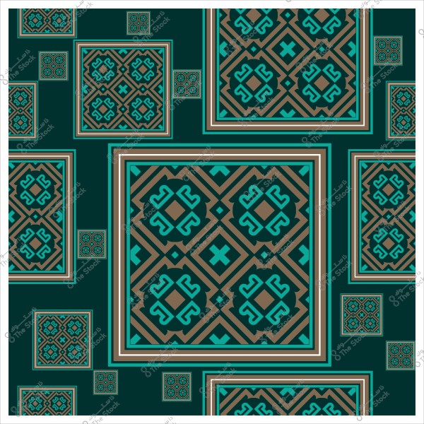 Geometric decorative pattern with green and brown colors featuring repetitive square shapes.