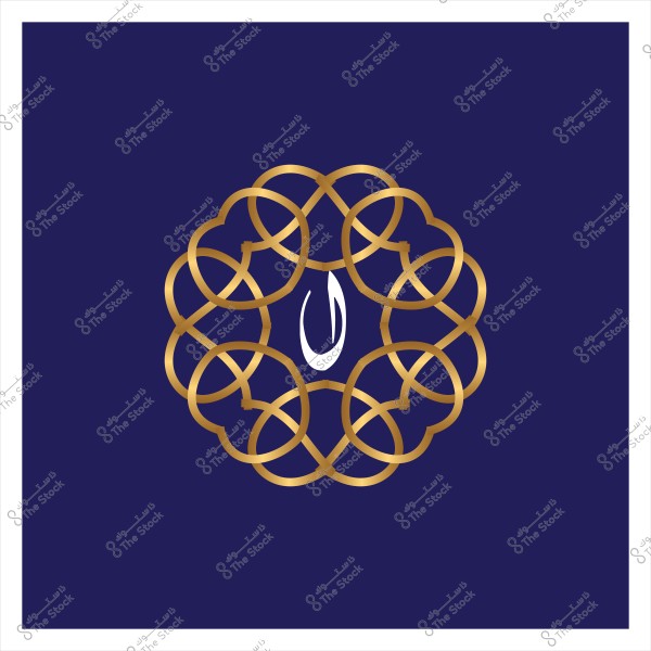 تصميم هندسي باللونين الذهبي والأبيض على خلفية زرقاء داكنة. يظهر نمط متشابك يشبه الأزهار الدائرية التي تتكون من خطوط ذهبية متداخلة, وفي منتصف التصميم يظهر الحرف \"ن\" باللون الأبيض.