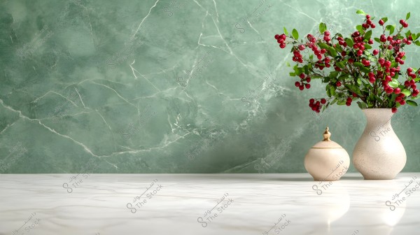 An image showing a white marble surface with two vases on the right. The first vase is a tall beige ceramic vase adorned with branches of red berries and green leaves. The second vase is smaller with a golden lid. The background of the image is a green marble wall.