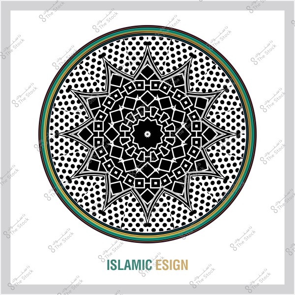تصميم هندسي إسلامي باللونين الأسود والأبيض, مزين بنمط هندسي معقد محاط بإطار دائري متعدد الألوان. النص في الأسفل يقول "ISLAMIC DESIGN".
