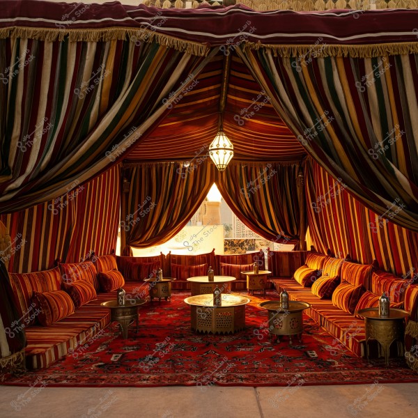 An image of a traditional Arabic tent decorated in vibrant colors with horizontal stripes on the fabric. The tent features comfortable sofas with cushions that match the decor colors. In the center are small round metal tables adorned with lanterns. A traditionally designed lamp hangs from the tent ceiling, casting a warm glow. The floor is adorned with a red carpet featuring an oriental pattern.