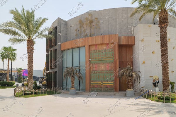 The image shows a modern building with a design featuring wooden panels and colorful patterns. On the left, there is a large palm tree and another on the right, suggesting a Middle Eastern or Gulf setting. The building has a large glass facade and a door decorated with traditional designs. There are also plants in the courtyard, along with statues of figures in traditional clothing.